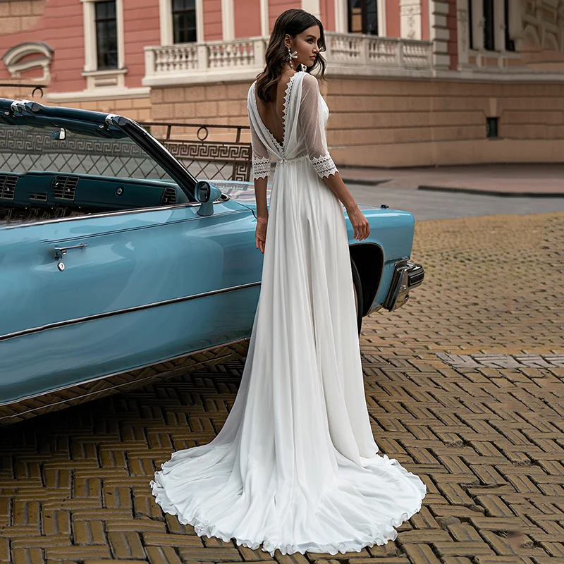 Vestido De novia De gasa con abertura lateral para mujer, traje bohemio De encaje con cuello en V, Espalda descubierta, mangas 3/4, 2023