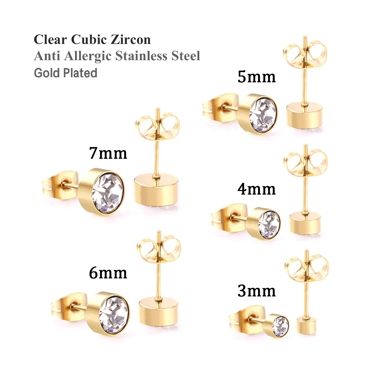 LUXUSTEEL 5Pairs/Lots Round Cubic Zircon Stainless Steel Earrings Sets Black Rose Golden Metal Studs Pendiente for Women Men