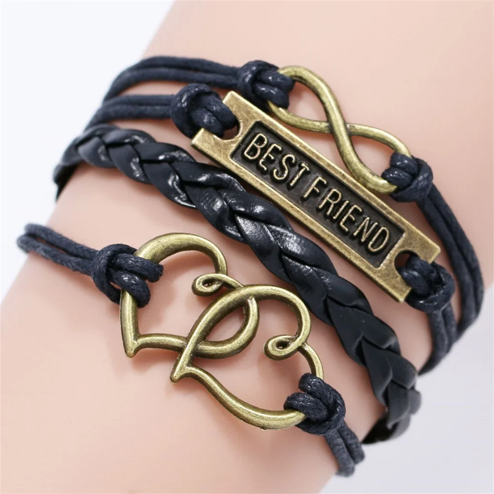 10PC/lot Best Friend Double Heart Charm Wrap Bracelets Braid Gifts For Women Men Girl Boy Bracelet Jewelry