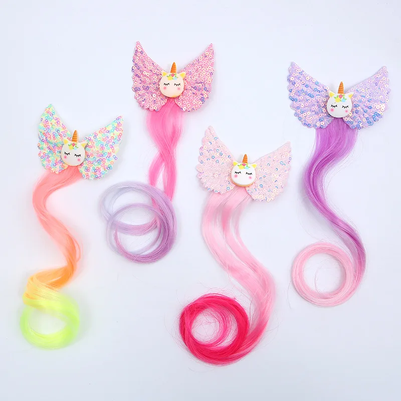 8PCS/lot NEW Children's shinning horse bow hairpin Sequins wig headdress baby girl color wig piece wholesale