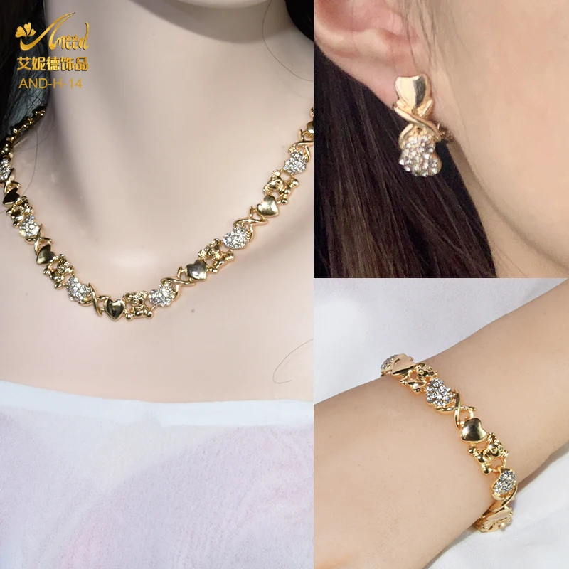 ANIID Heart Crystal XOXO Necklace Set African Gold Color Women Fashion Nigerian Wedding Bridal Jewelry Set Dubai Gift