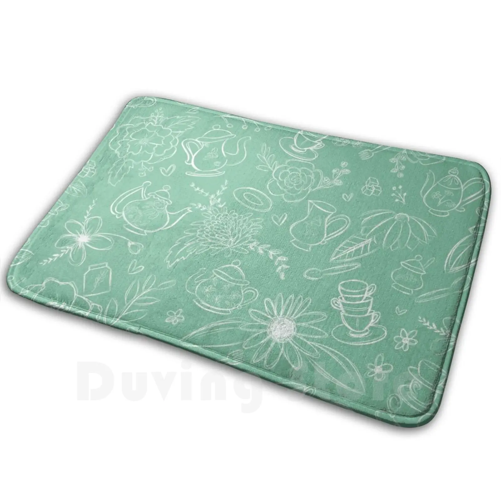 Tea Time Mint Green Carpet Mat Rug Cushion Soft Non-Slip Cute Tea Party Tea Time Floral Designs Tea Party Cute Designs