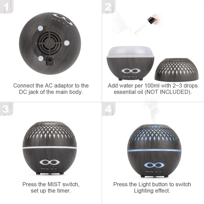 الروائح الناشر الضروري النفط المرطب إضاءة ديكور الغرفة، مع 4 إعدادات الموقت 400 مل التحكم عن بعد 7 LED ضوء القمر