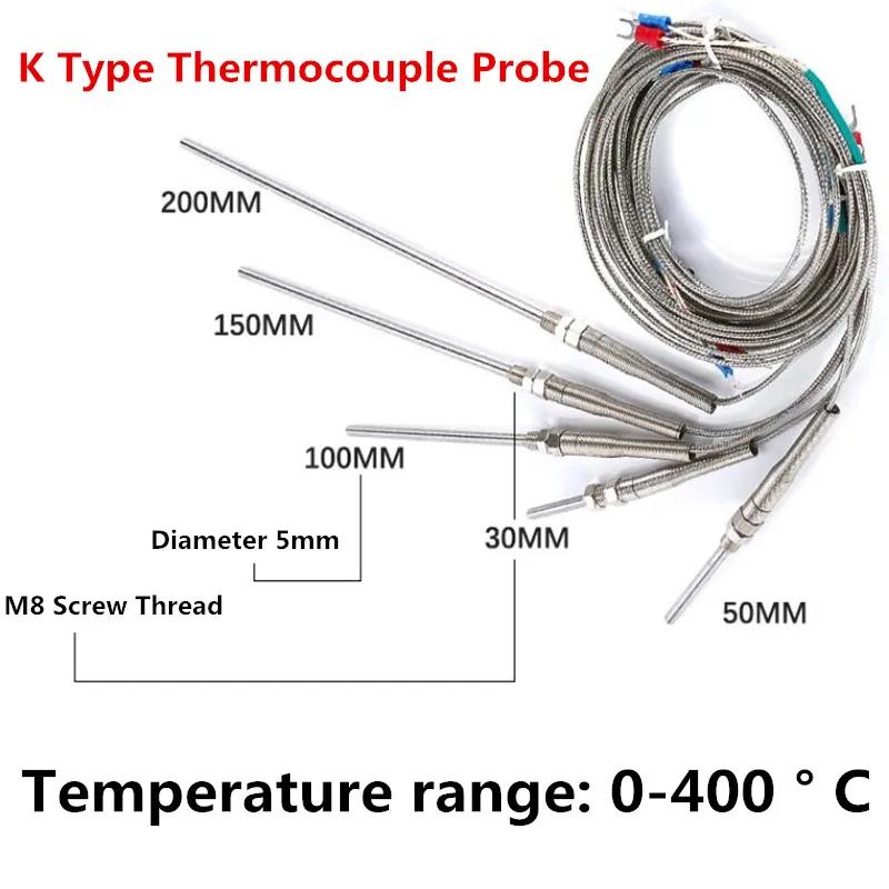 1 Pcs 2 Meter K type Thermocouple Stainless Steel Probe Thermocouple Threads size 8mm Thermocouple 0~400C Temperature Sensor