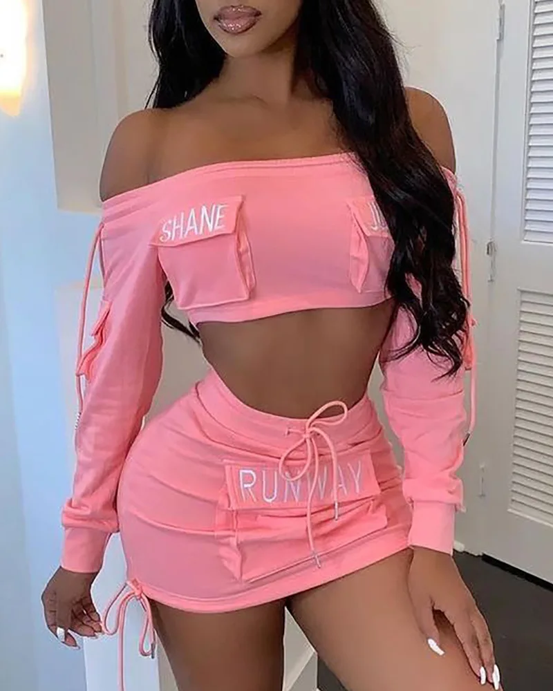 Women's Sweet Suits 2024 Spring Summer Latest Elegant American Exy Pocket Design Letter One Line Neck Short Top Short Skirt Set