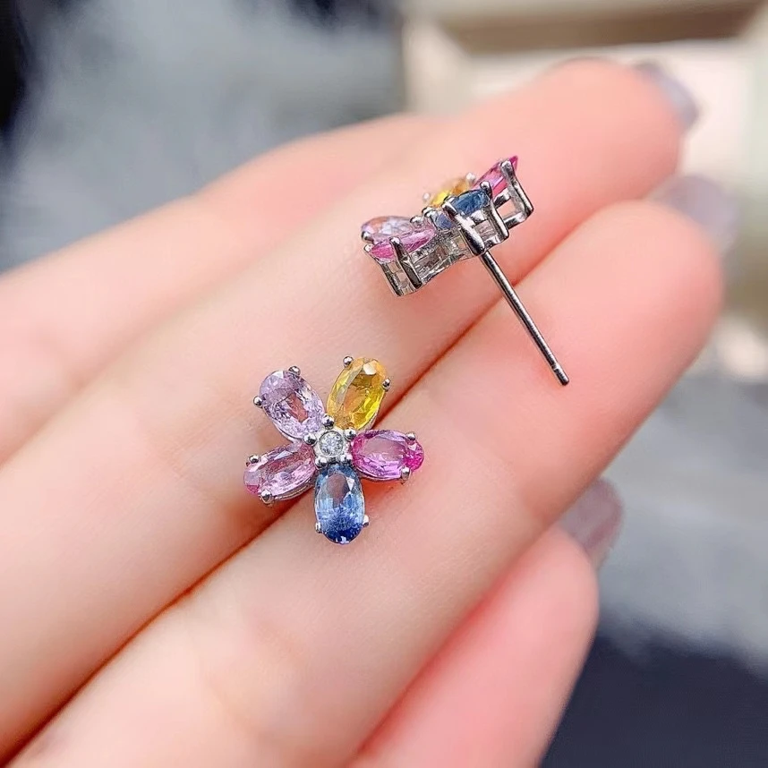 Fine Jewelry 925 Sterling Silver Inset With Natural Gem Women's Luxury Exquisite Flower Color Sapphire Earrings Ear Stud Support