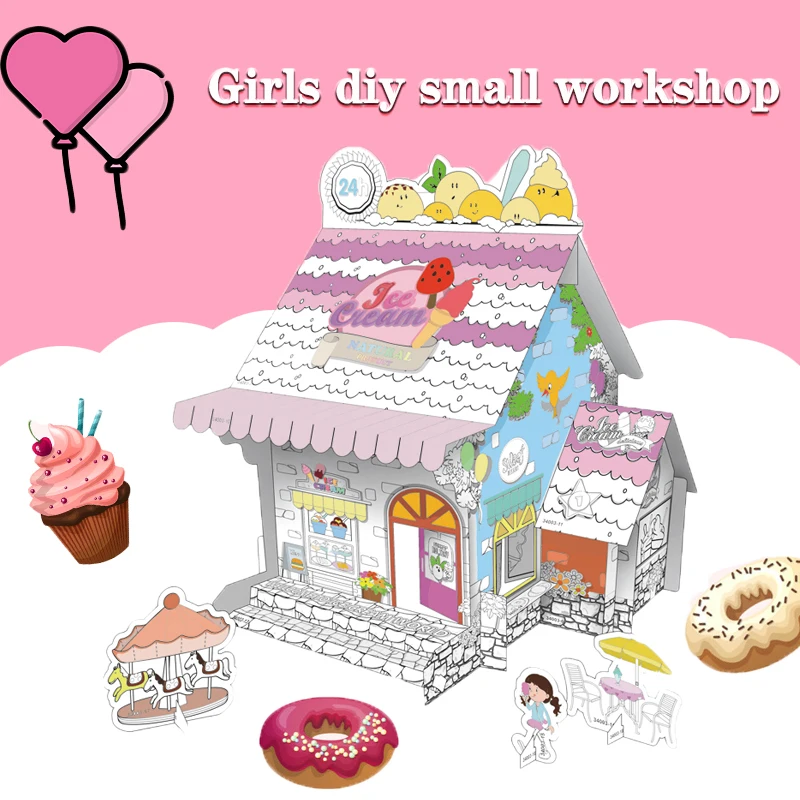 

DIY Dolls Toys Doodle Board Room Painting Graffiti Assembled Cardboard Three-Dimensional Paper Creative Enlightenment-Cake Shop