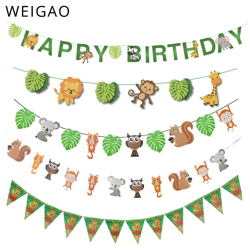 Telón de fondo de fiesta de selva Garland zoológico Safari tema León mono dinosaurio Animal banderines Garland niños cumpleaños decoración papel Banner