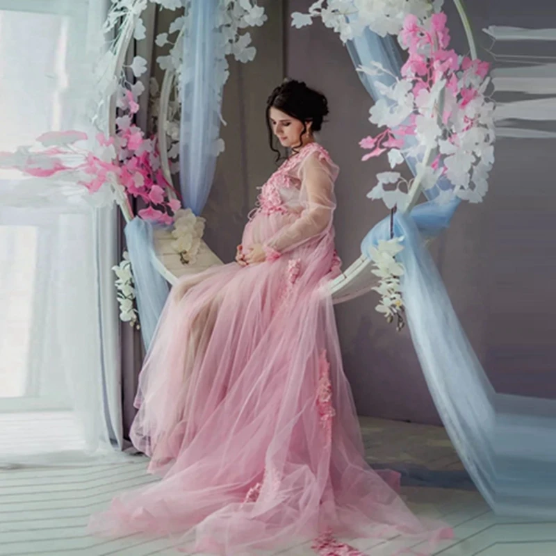 

Pretty Pink 3D Floral Tulle Maternity Dress Sexy See Thru V-neck Long Sleeves Bridal Robes Photo-shoot Flowers Pregnancy Dresses