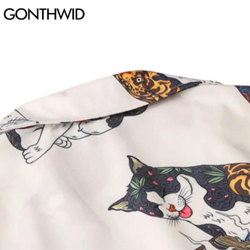 GONTHWID Hawaiian Beach Shirts Harajuku Japanese Tattoo Cat Print Shirt Streetwear Fashion Hip Hop Tropical Short Sleeve Tops