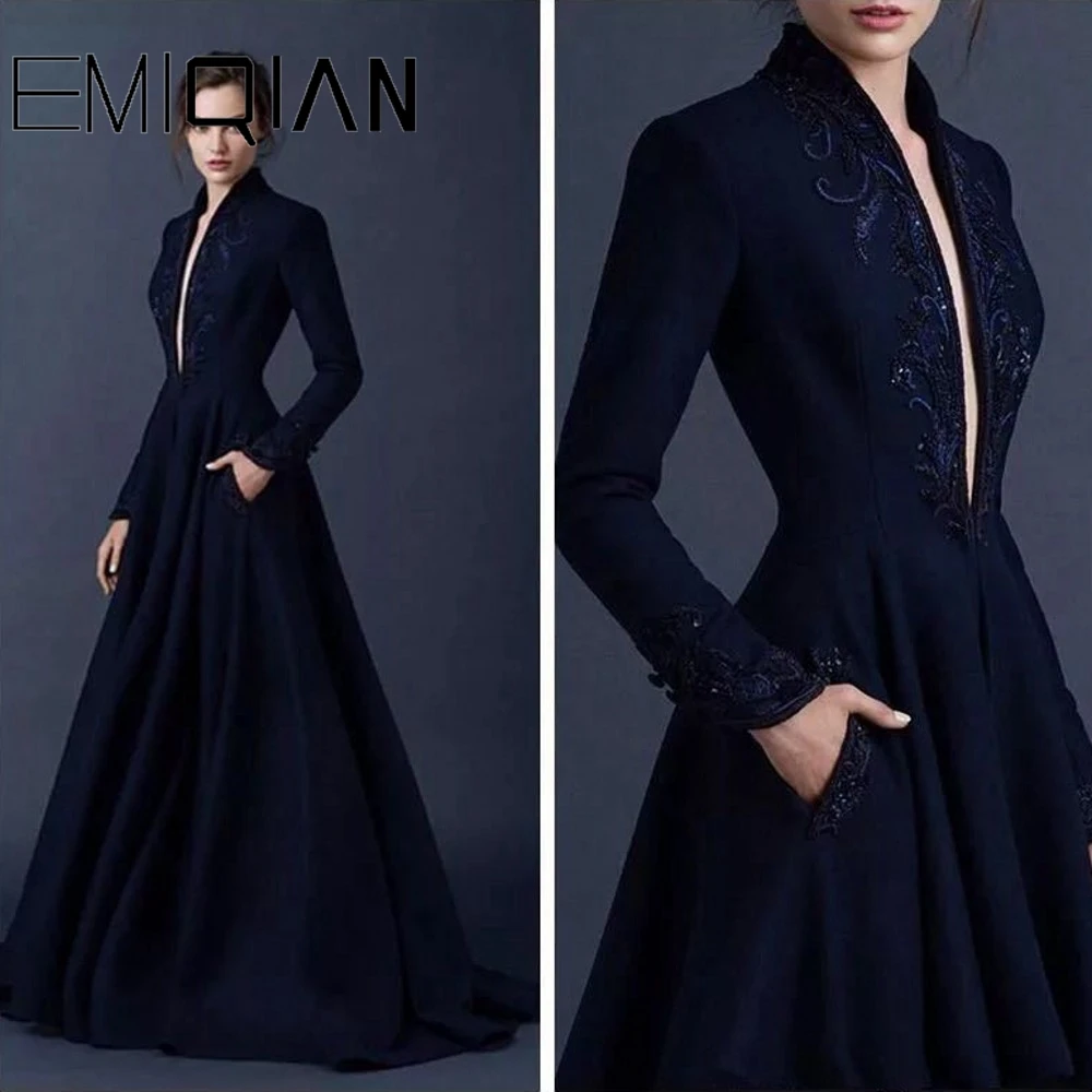 Navy Plunging V Neck Muslim Evening Dress A-line Long Sleeves Beaded Islamic Dubai Saudi Arabic Luxurious Evening Dresses