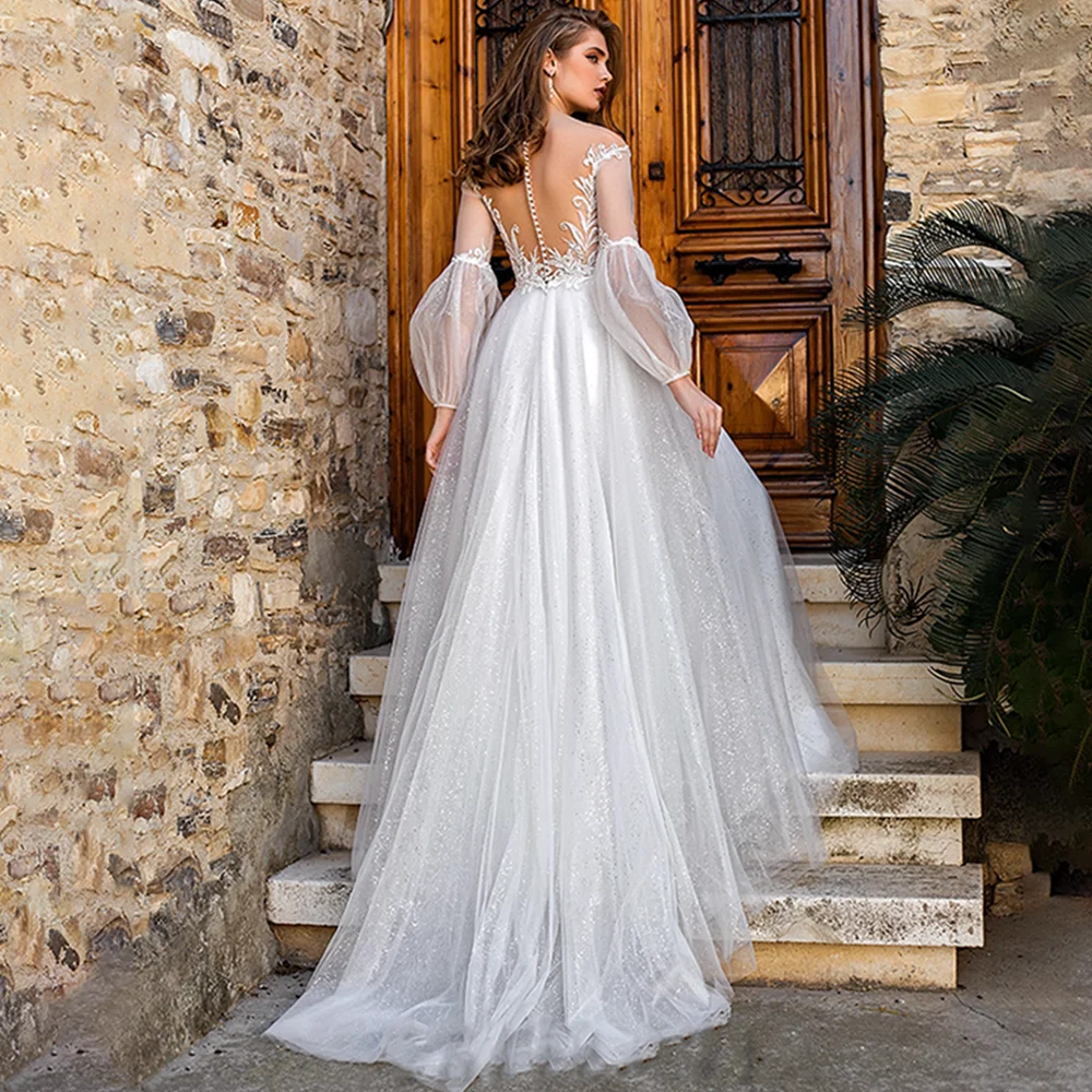 Robe de mariée en Tulle à manches longues, luxueuse robe de princesse sur mesure avec haut en dentelle