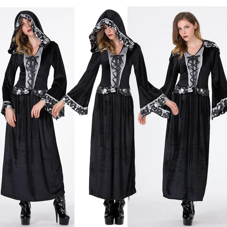 

Halloween New Suit Adult Female Horror Black Skeleton Witch Long Costume