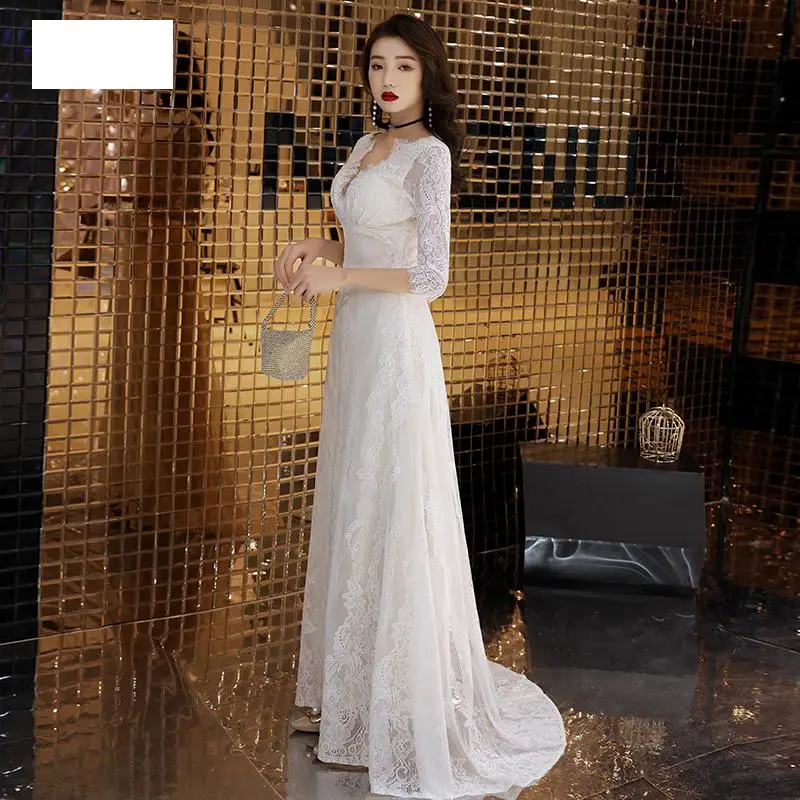 Vestidos De Noche largos con tren De corte pequeño, vestido Sexy De media manga con cuello De pico y cremallera, hermoso lazo para fiesta y graduación