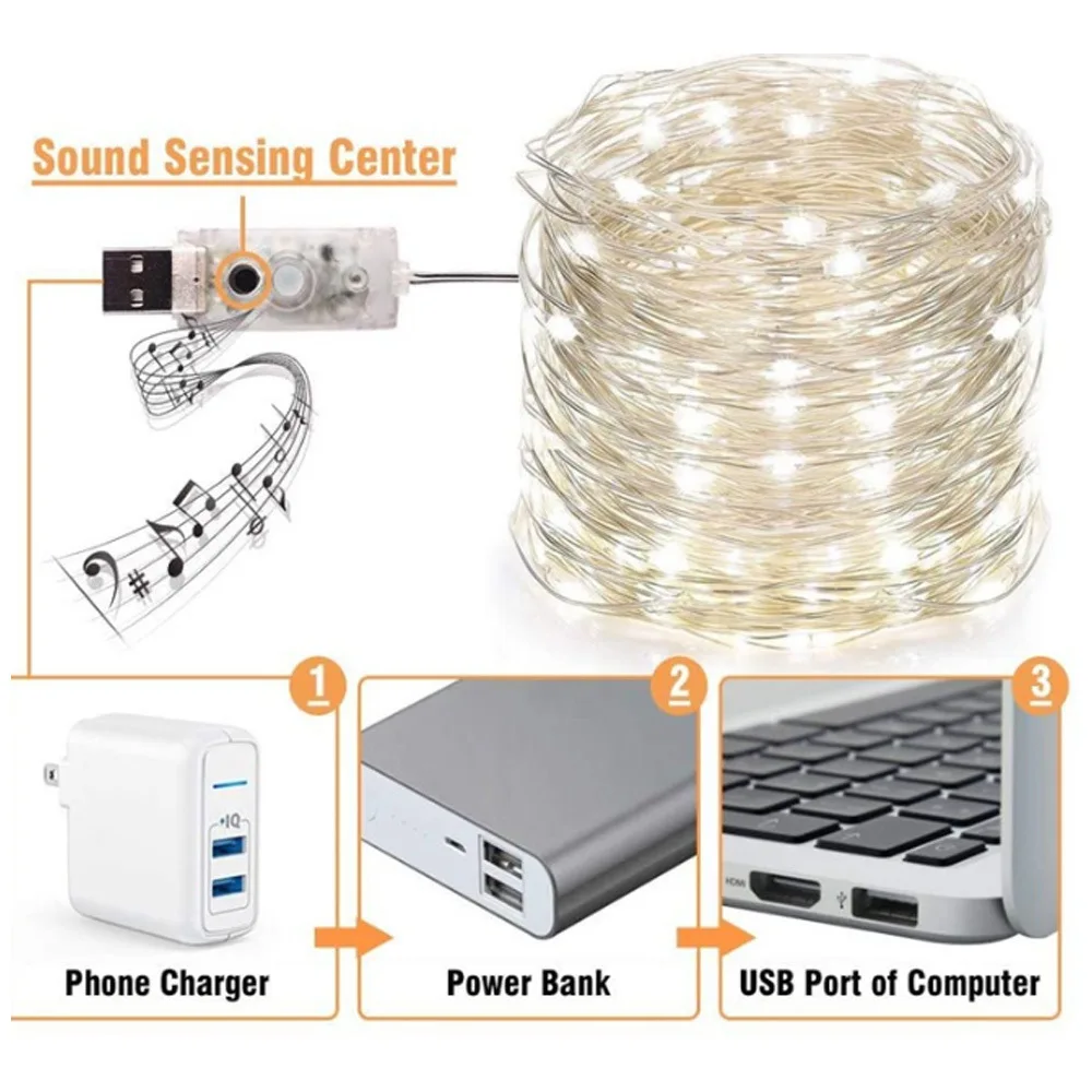 5M/10M Sound Activated LED Music String Lights Battery/USB Operated with Control Copper Wire String Lights Wedding Party Decor