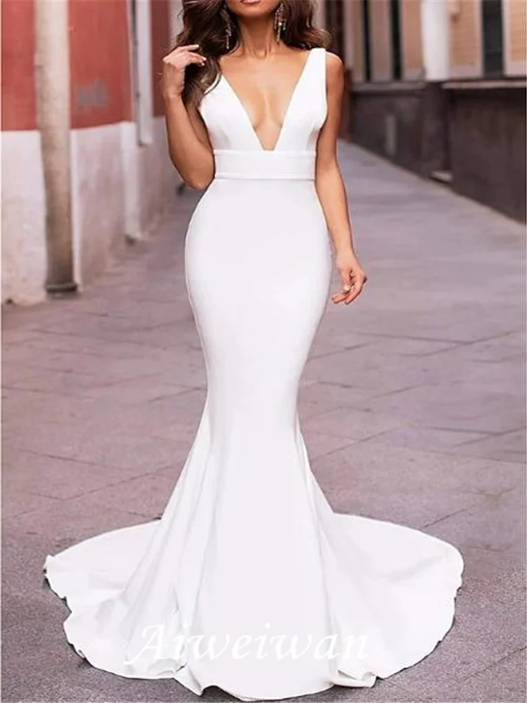 Mermaid / Trumpet Wedding Dresses Plunging Neck Sweep / Brush Train Stretch Satin Sleeveless Sexy Plus Size with Draping 2021