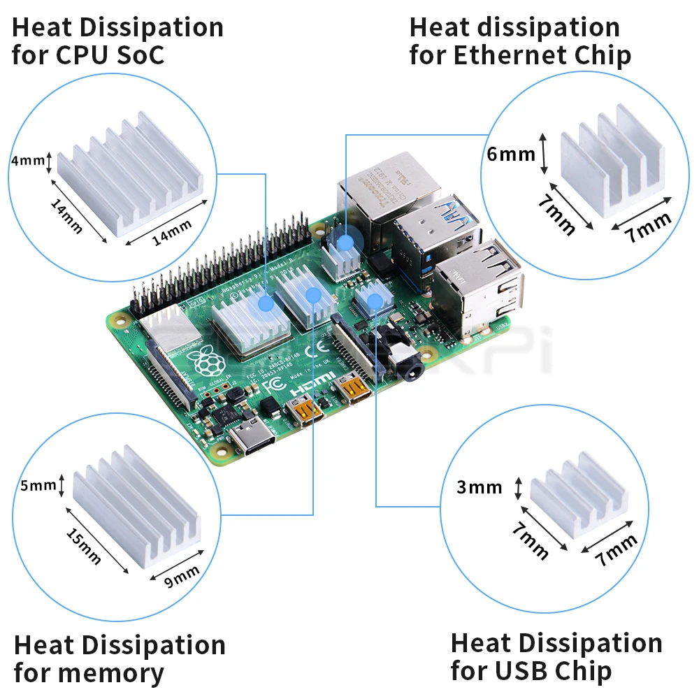 GeeekPi 1 Set of 4 pcs Aluminum Heat Sink Silver / Black or 2 Set or 5 set Pack for Raspberry Pi 4B Pi 4 Model B