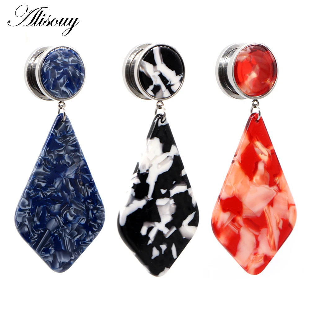 Alisouy Stainless Steel 2pcs Acrylic Rhombus Dangle screw double flared Flesh ear plugs tunnels Expander piercing body jewelry