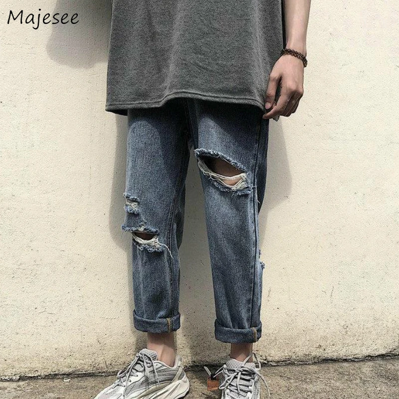 Jeans Pria Celana Panjang Lubang Lurus Denim Harajuku Chic Solid Celana Panjang Pria Gaya Korea Santai Streetwear BF All-Match In Longgar Remaja