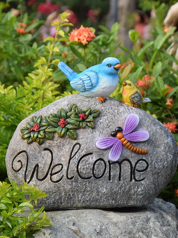 

Outdoor Cute Birds Welcome Card Resin Ornaments Courtyard Villa Figurines Decoration Garden Simulation Animal Sculpture Crafts