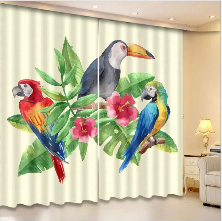 Modern European Living Room Parrot Pattern Blackout 3D Window Curtains Bedroom Drapes  Customized Size Pillowcase