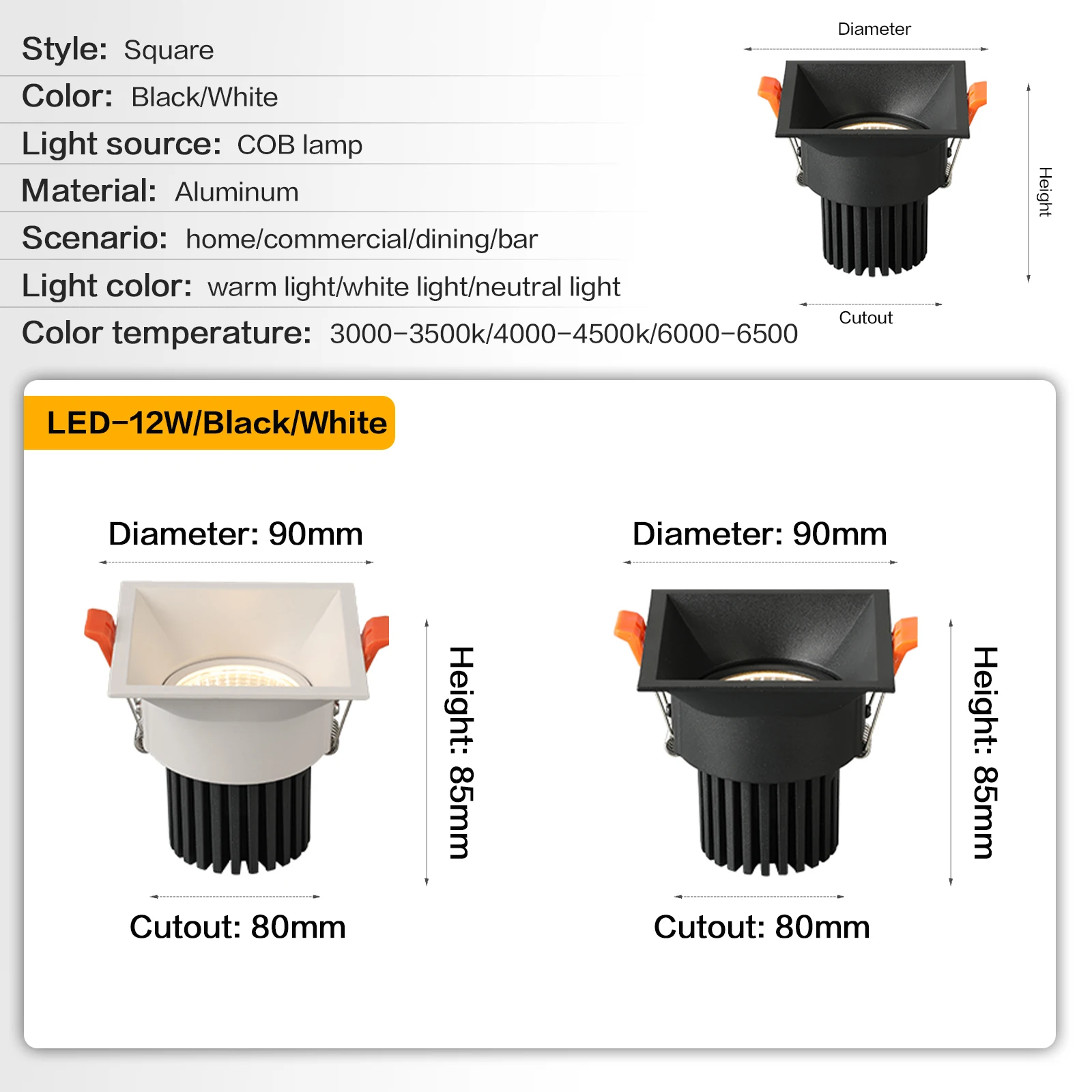 Angle Adjustable LED Recessed Downlight Dimmable 7W12W Epistar COB Chip Ceiling Spot Lamp with 110/220V Driver