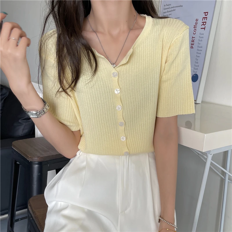 Short Sleeve Loose Cardigans Women Solid Knitting Sunscreen Tops Sweet Cozy Single Breasted Sweaters Chic Elegant Streetwear Ins