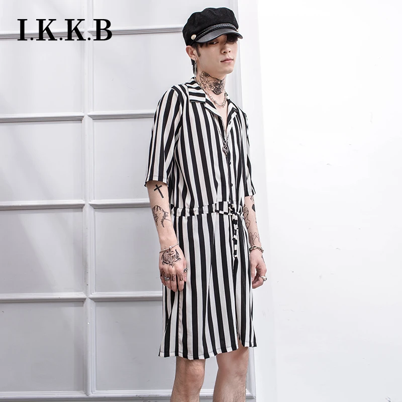 Japanese coveralls hip-hop Trendy Men's retro-loose short-sleeved jumpsuit overalls vertical striped shorts