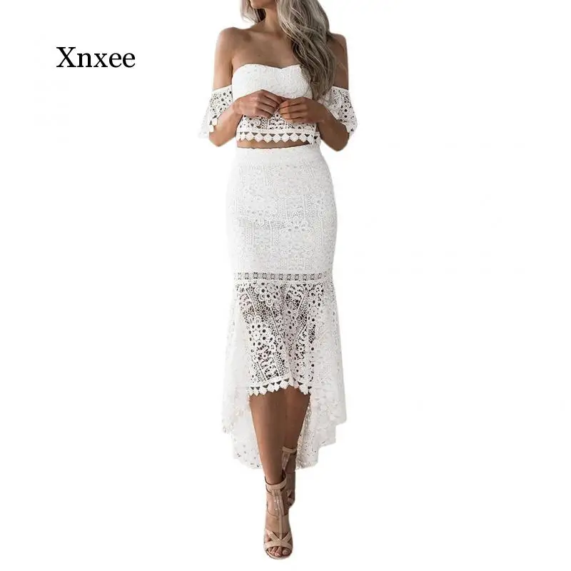 Summer Lace Slim Strapless White Skirt Women Set Sexy Lady Irregular Pencil Skirt with Off Shoulder Backless Top