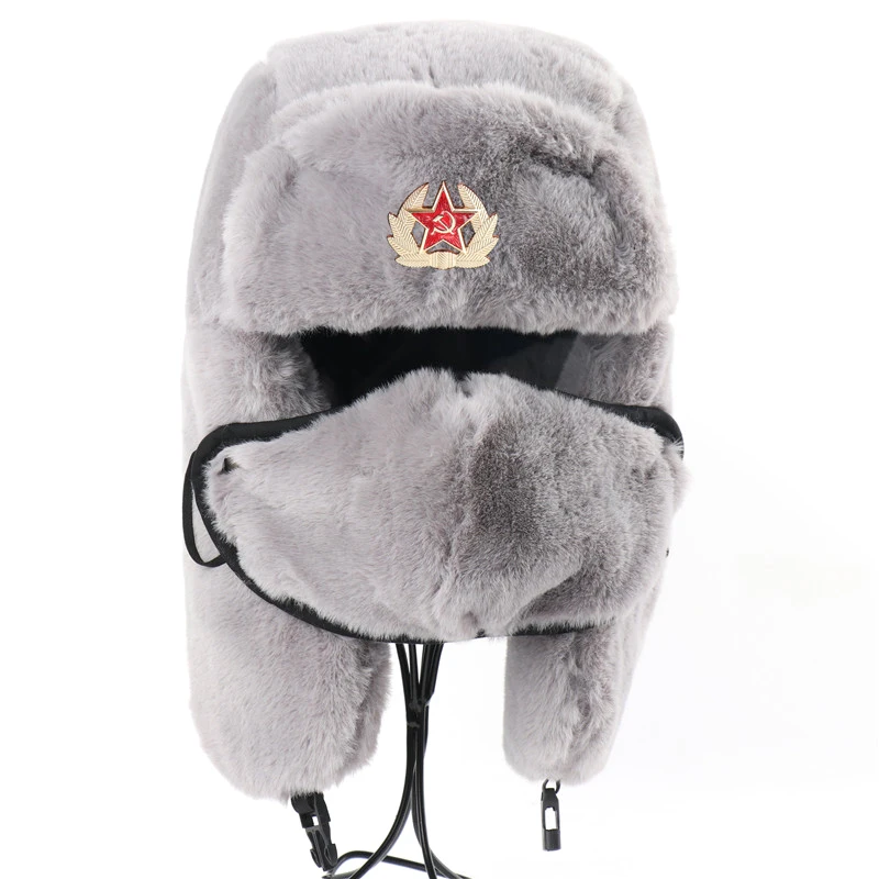 CAMOLAND Winter Thermal Faux Rabbit Fur Bomber Hats Women Men Soviet Army Military Badge Russia Hat Face Neck Earflap Snow Caps