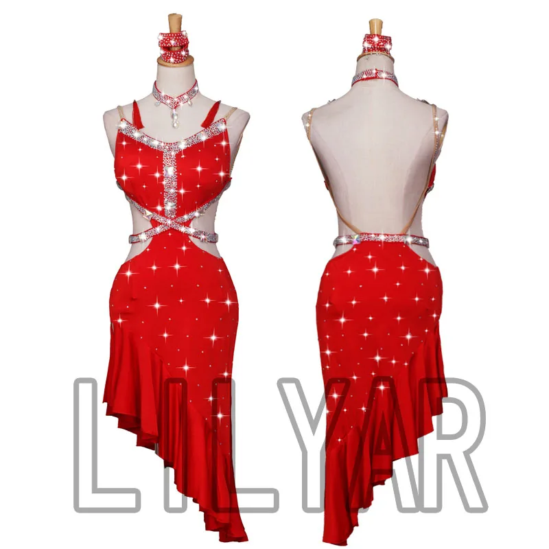 New Latin Dance Dress Competition Dress Costumes Skirt Performing Dress Sparkly Rhinestones Adult Customize Children