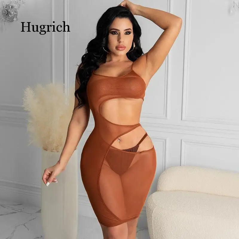 

Women's 2021 Spring and Summer New Solid Color Sleeveless Hollowed Out Sexy Night Club Irregular Mesh Dress