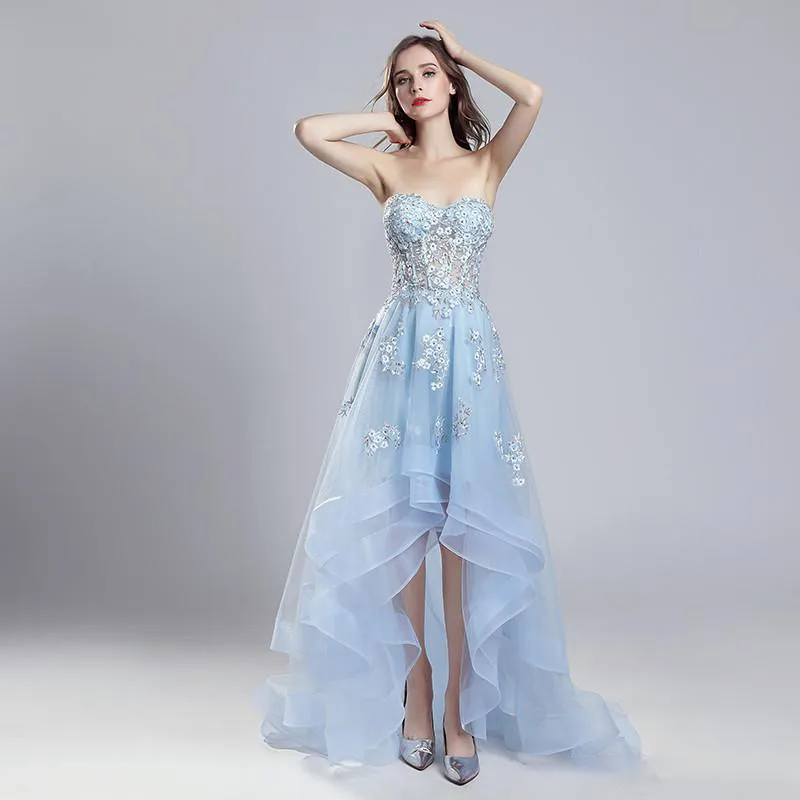 

Tulle Lace A-Line Hi-Lo Prom Party Dress 2021 Sexy Elegant Tiered Beading Crystal Evening Occasion Sleeveless Formal Gown 006