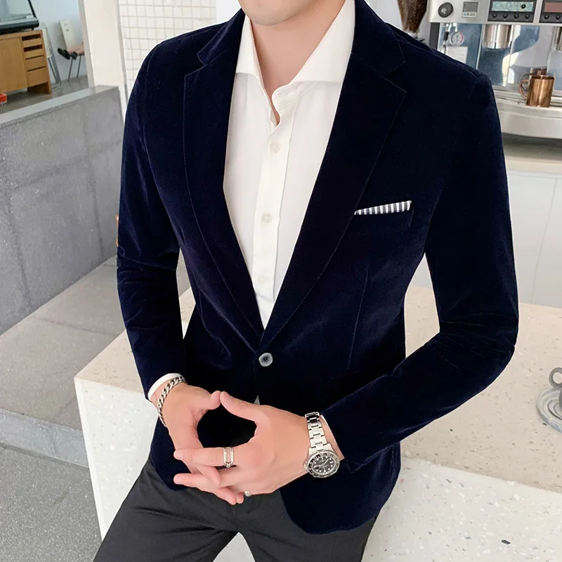 Fall Winter Gold Velvet Blazer High Quality Slim Fit Suit Jacket Fashion Casual Men Groom Singer Costume Formal Evening Dress