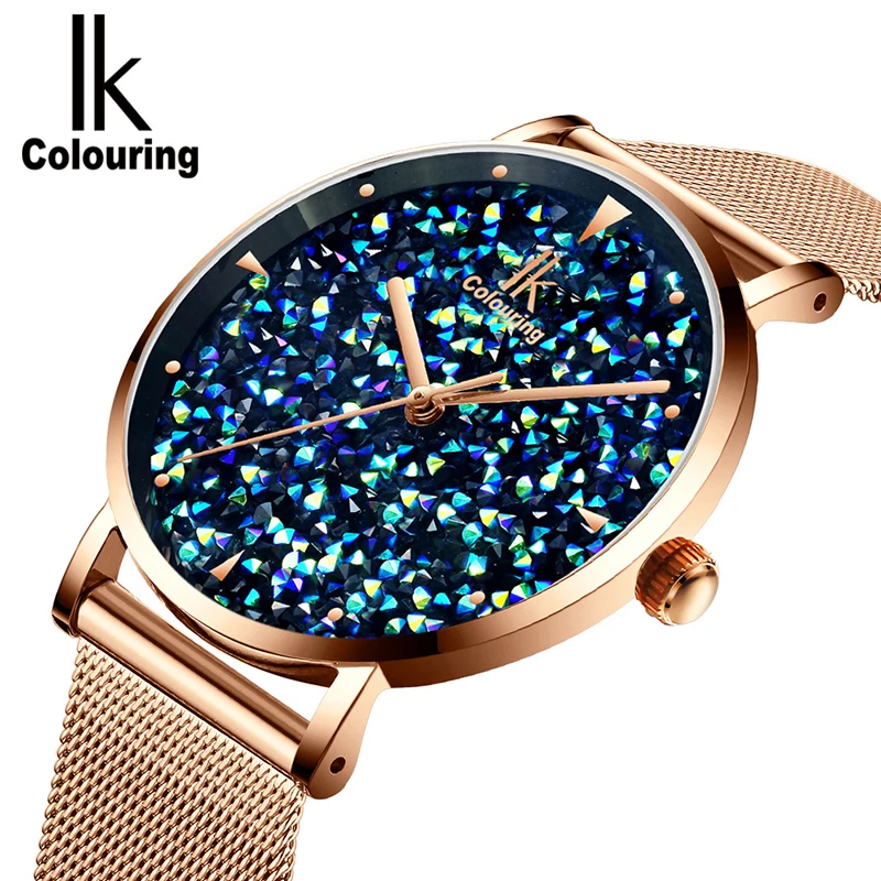 IK Colouring-reloj de cuarzo con cielo estrellado para mujer, pulsera de malla de acero inoxidable, femenino