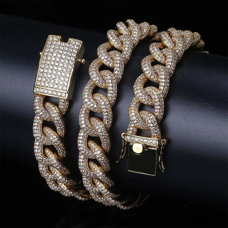 

15mm wide Hip Hop AAA+ CZ Zircon Paved Bling Iced Out Round Cuban Curb Miami link Chain Necklaces for Men Rapper Jewelry