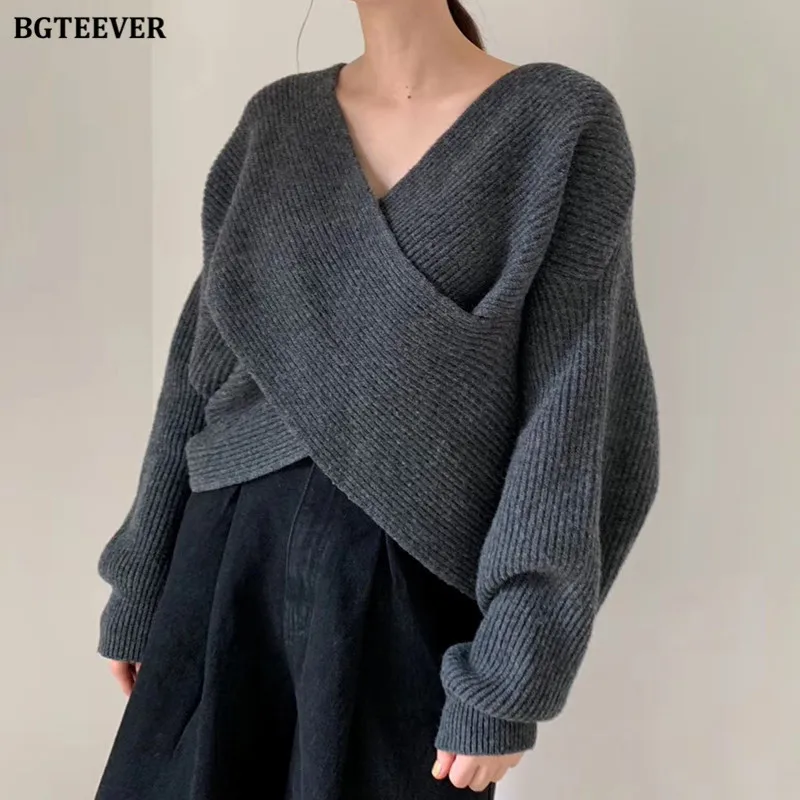 BGTEEVER Fashion V-neck Cross Women\'s Sweater Jumpers Streetwear Loose Knitwear Autumn Winter Solid Female Knitted Pullovers