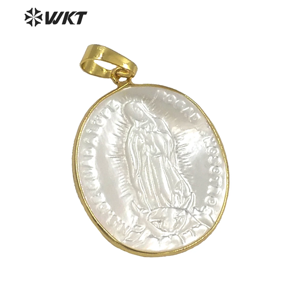 

WT-P1353 New Arrival White Shell Virgin Mary Pattern Oval Shape Pendants Metal Electroplated Women Jewelry Accessories