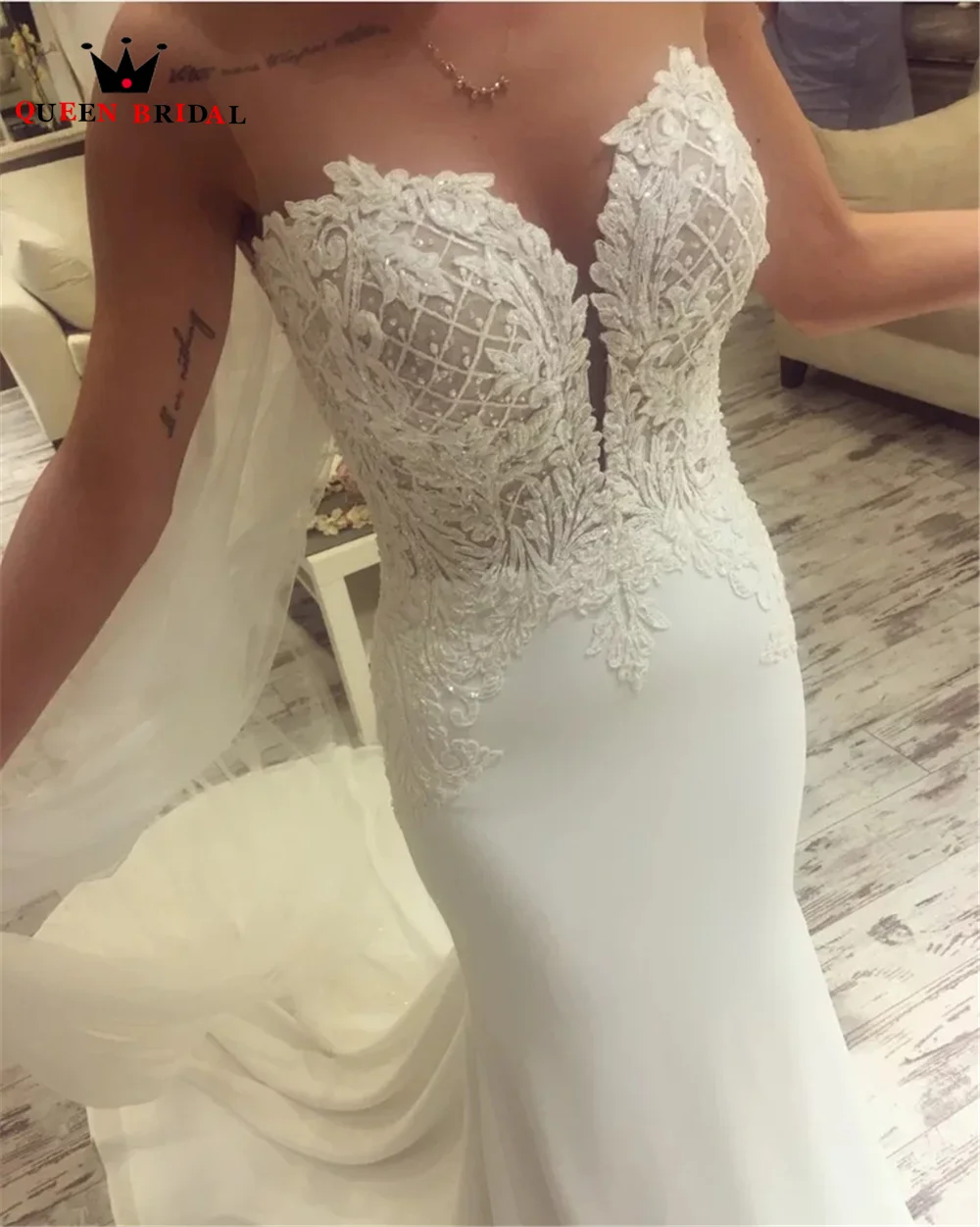 Vestido de novia largo Formal con cuentas de cristal para mujer, vestido Sexy de gasa con encaje y escote en forma de sirena, talla personalizada, DK34