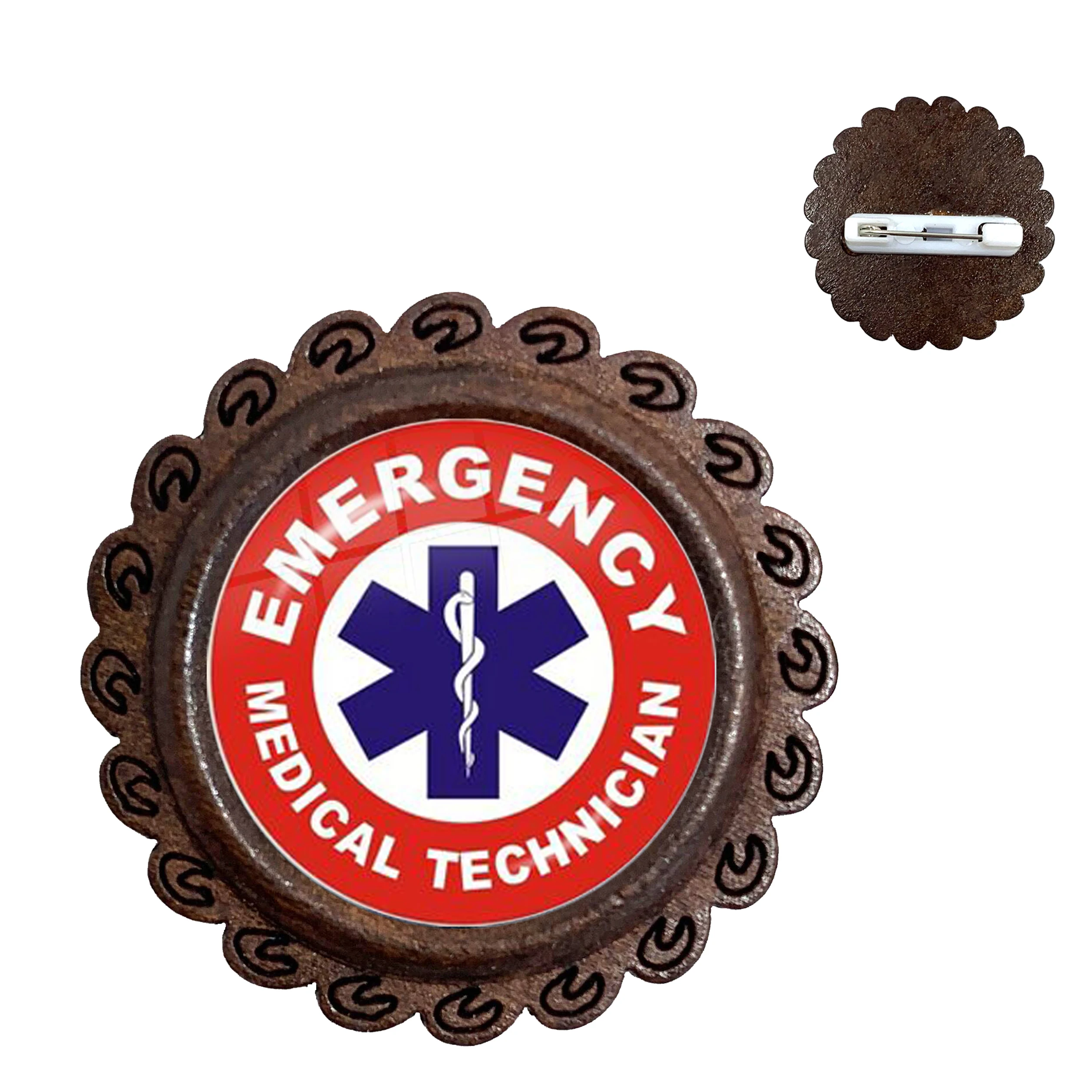 Emergency Medical Technician Paramedic Symbol Logo Wood Brooches Glass Cabochon Blue Star of Life EMT Sign Jewelry Collar Pins