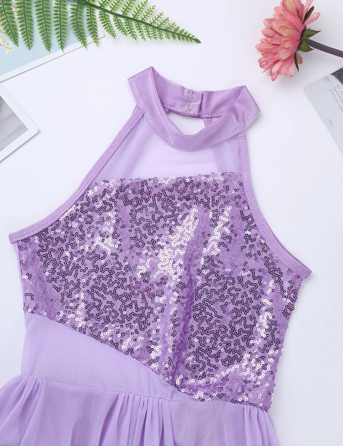 Kids Girls Sequins Ballet Dress Sleeveless Mock Neck Asymmetrical Hem Leotard Dress Lyrical Latin Jazz Dance Costumes Dancewear