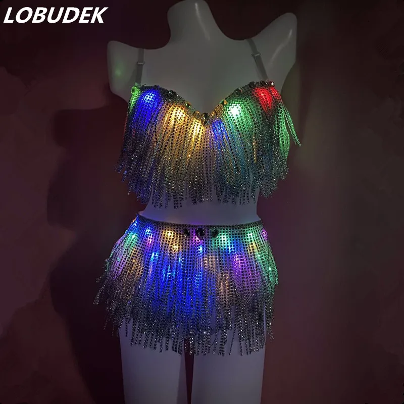 

Sexy Bar Nightclub LED Lighting Dance Clothes Silver Tassels Colorful LED Crystals Bikini 2-Pieces Set DJ Singer Dancer Outfits