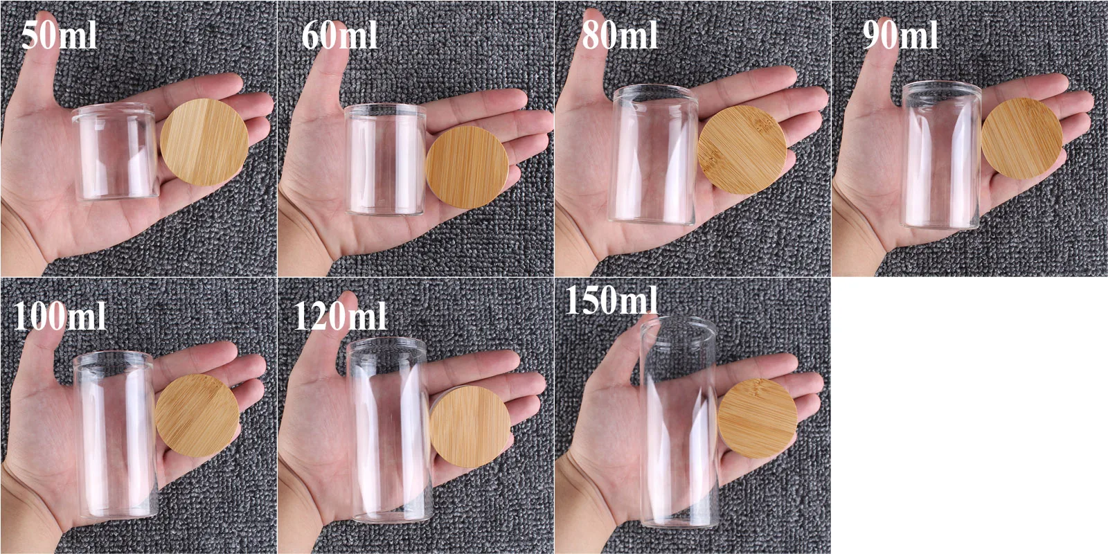 6pcs/lot 50ml 60ml 80ml 90ml 100ml 120ml 150ml Glass Candy Bottles With Bamboo Caps Pill Container Empty Bottles For Art Crafts