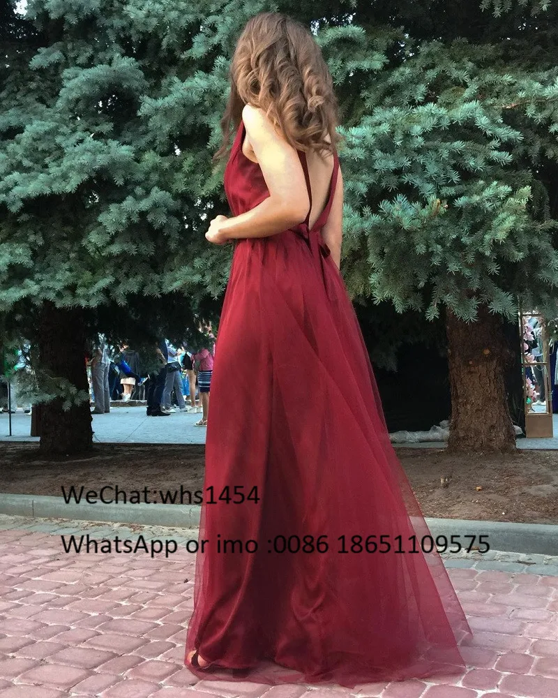 Elegant Chic Burgundy ชุดเพื่อนเจ้าสาวยาว2023 A-Line V-Neck ชุดเจ้าสาว Tulle Backless Robe Demoiselle D'honneur