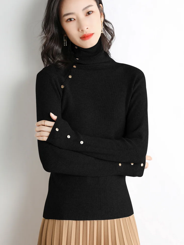 

Wool Blended 2021 Autumn Winter New Women Sweater Slim Pile Collar Diagonal Buckle Solid Color Short Bottom Knitted Pullover