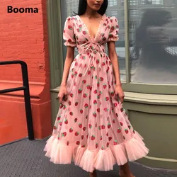 Booma Pink Strawberry Midi Prom Dresses V-Neck Short Sleeves A-Line Wedding Party Dresses Tea-Length Glitter Tulle Prom Gowns