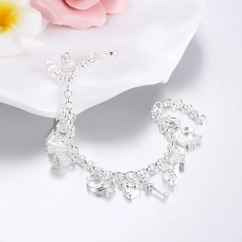 925 sterling silver 13 charms Cross Lock Key Heart Star Moon Flower Zircon bracelet bangle women's fine jewelry Accessories