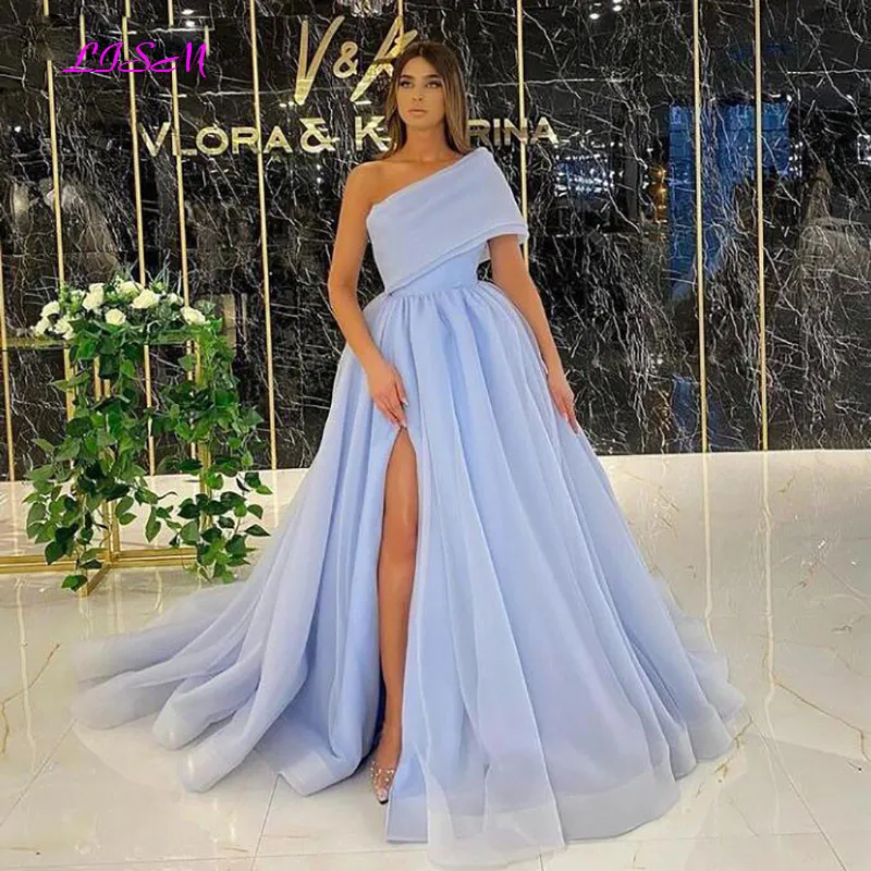 Sky Blue Organza Evening Dresses One Shoulder Sexy Side Split Puffly Tulle Long Party Gowns A-Line Prom Dresses