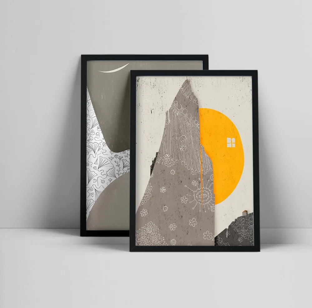 

Abstract Gray Collage, Gray Mountain, Yellow Sun Poster, Set of 2 Prints, Geometric Shapes, Contemporary Wall Art, Scats, Minima