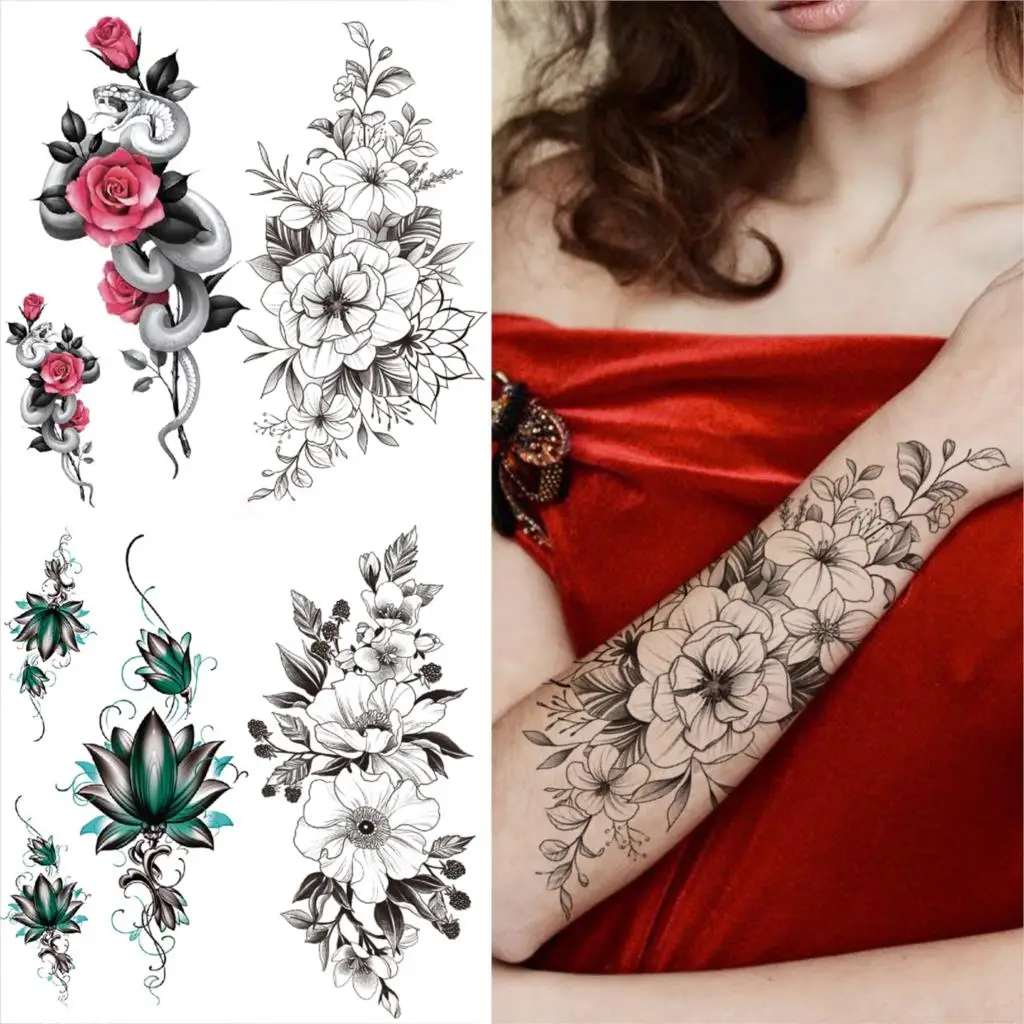 Realistic Peony Flower Temporary Tattoos For Women Men Adults Mamba Snake Lotus Dahlia Fake Tattoo Sticker Unique Forearm Tatoos